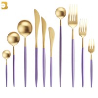 Nordic Style Purple Tableware Brushed Portuguese Cutlery Set 24pcs Stainless Steel