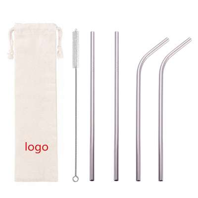 Factory Direct Sale 215x6mm 2 straight 2 bent Stainless Steel Metal Straws Set With Brush